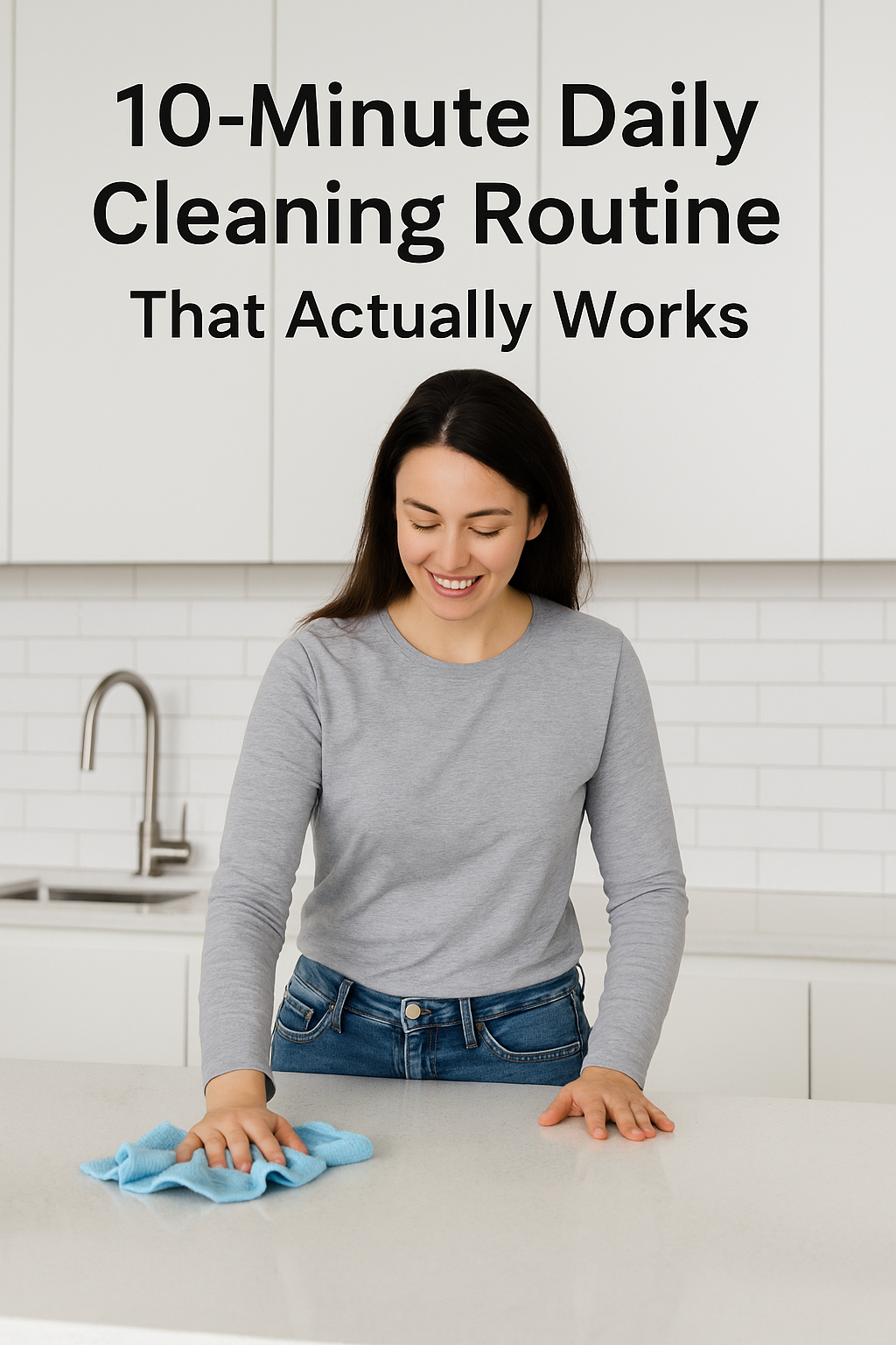 Woman cleaning a kitchen countertop with a blue cloth as part of a 10-minute daily cleaning routine