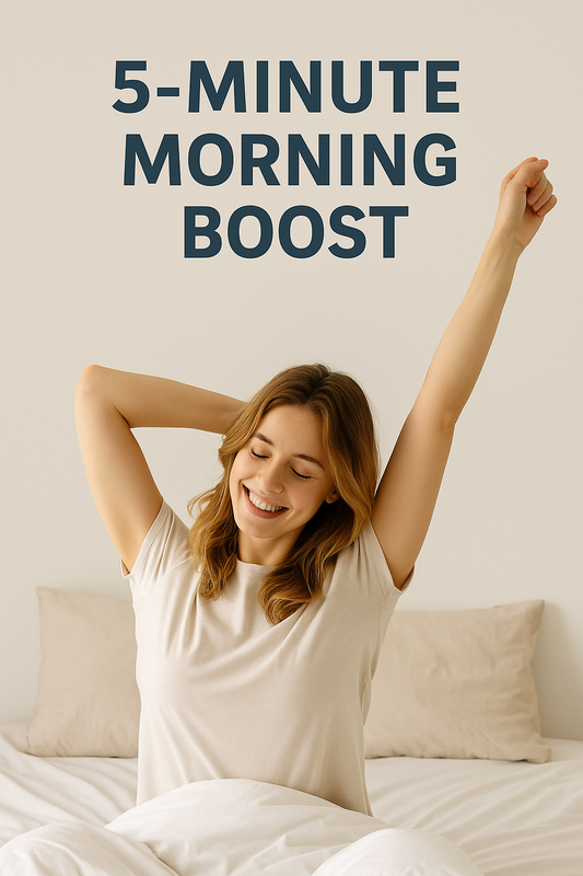 Young woman smiling and stretching in bed with text "5-Minute Morning Boost" at the top, minimal and bright morning aesthetic.