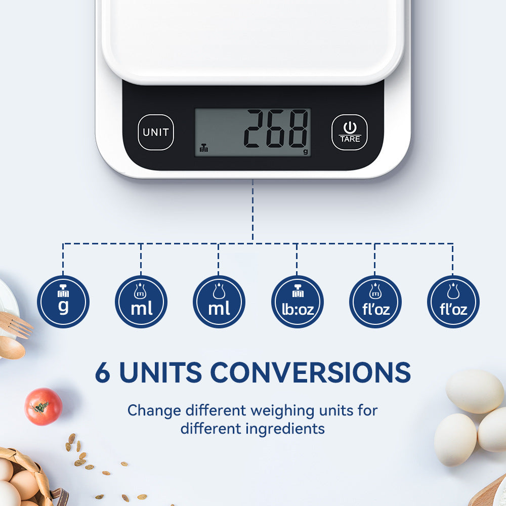 Kitchen scale with 6 units conversion: g, oz, lb, ml, fl oz, and milk ml