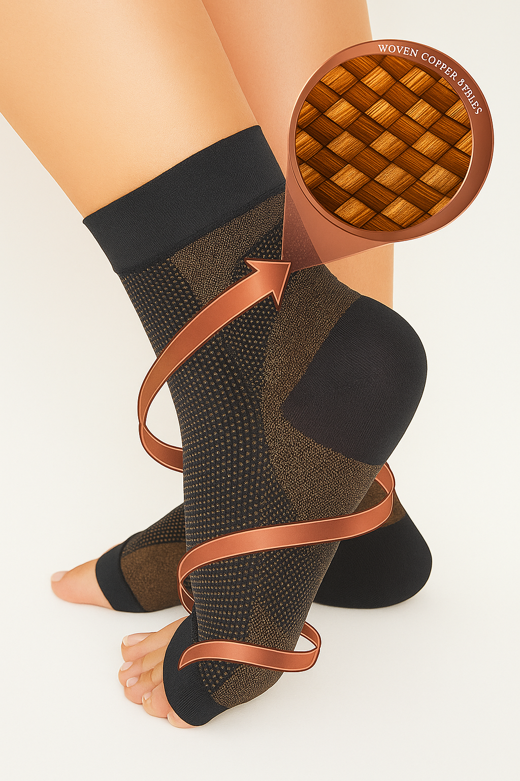 Compression ankle sleeves with woven copper fibers providing targeted foot and ankle support