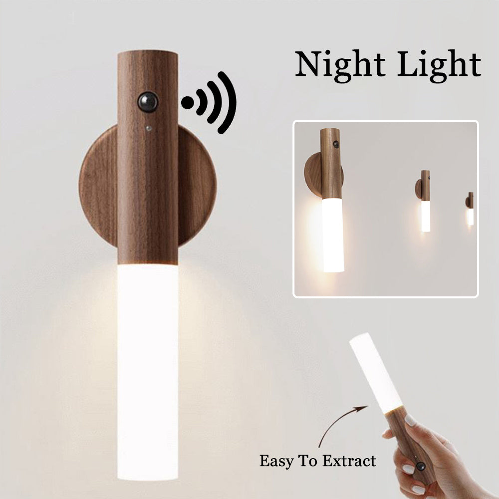 Wall-mounted wooden LED night light with motion sensor and magnetic detachable design, showing warm light and easy installation.