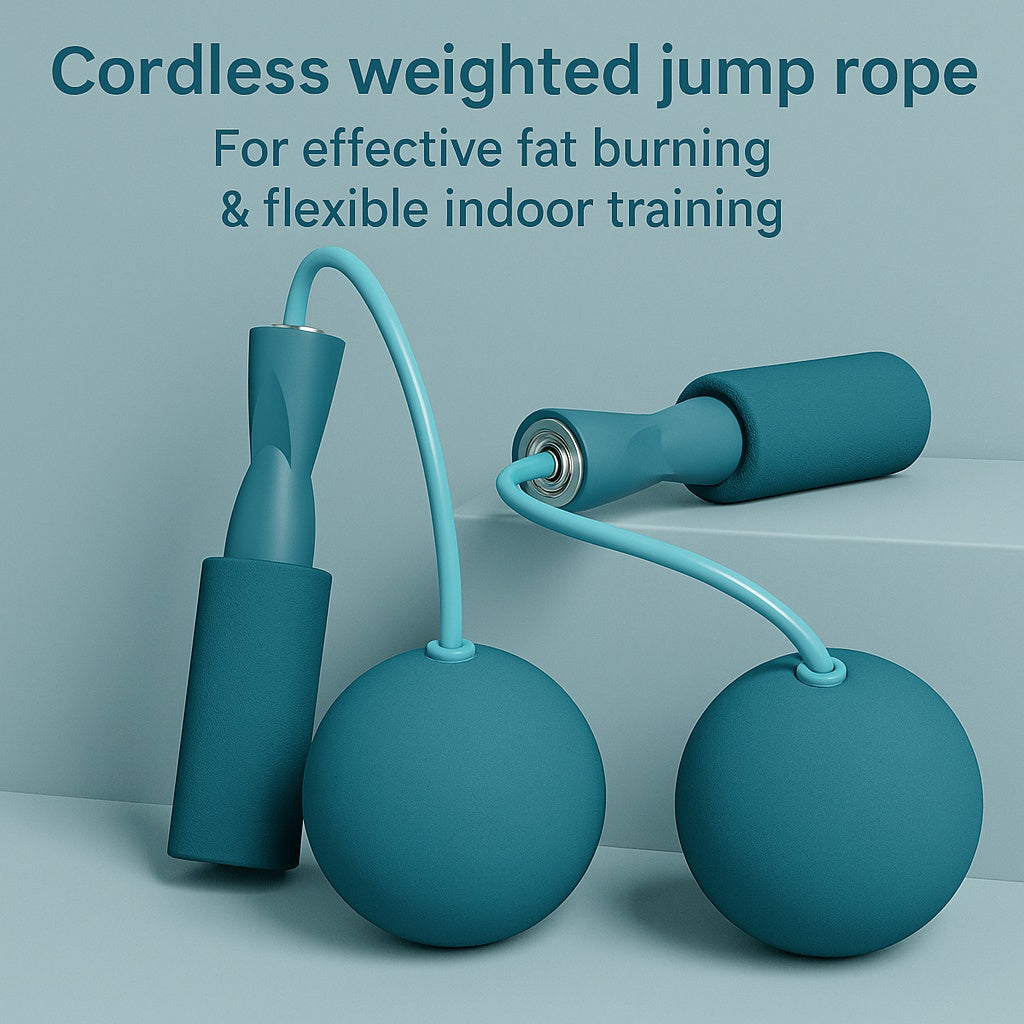 Cordless weighted jump rope with foam handles shown on soft blue background with text overlay for home workouts.