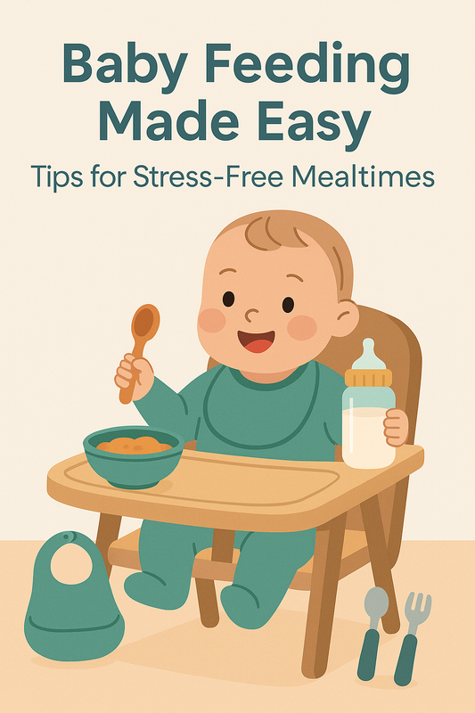 Baby feeding cover image showing a smiling baby in a highchair with a spoon, bowl, and milk bottle – article cover for Baby Feeding Made Easy.
