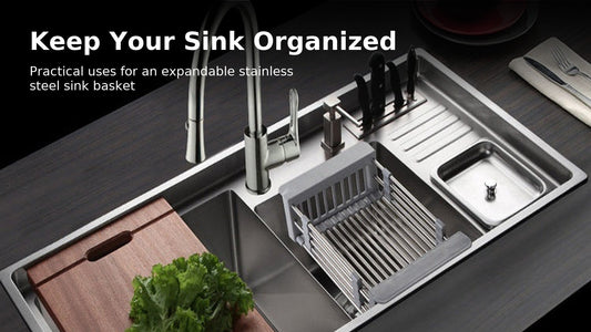 Blog cover: expandable stainless steel sink basket creating extra rinsing and drying space over a kitchen sink.