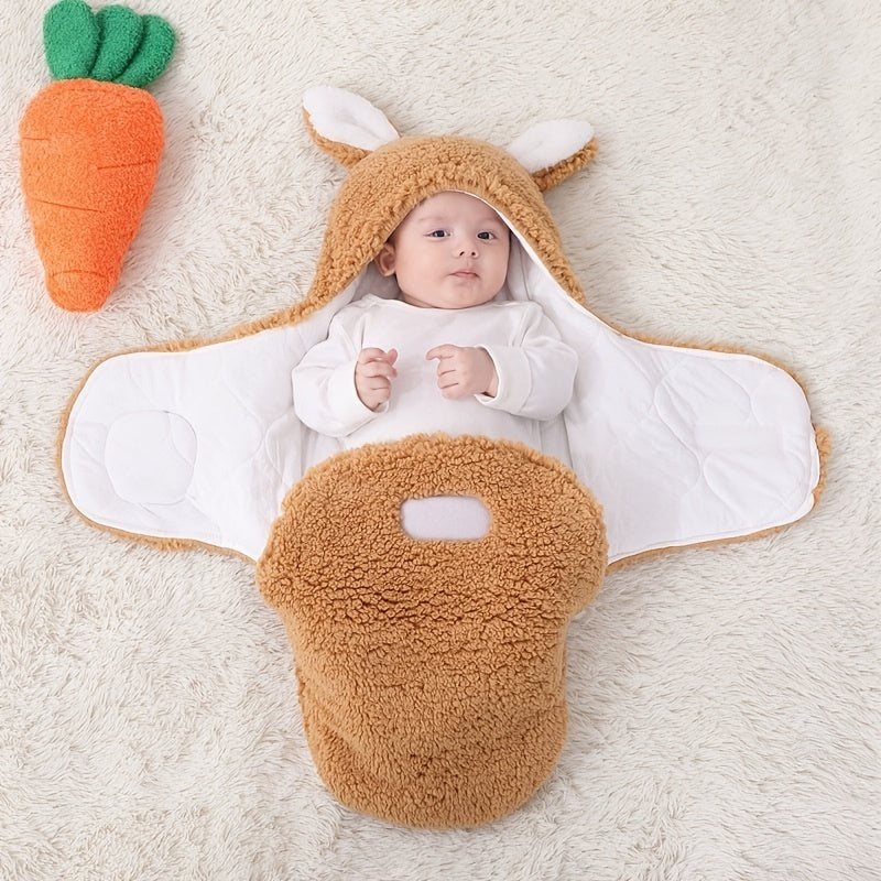 Brow bunny-ear fleece swaddle blanket laid open with baby inside and carrot plush toy nearby