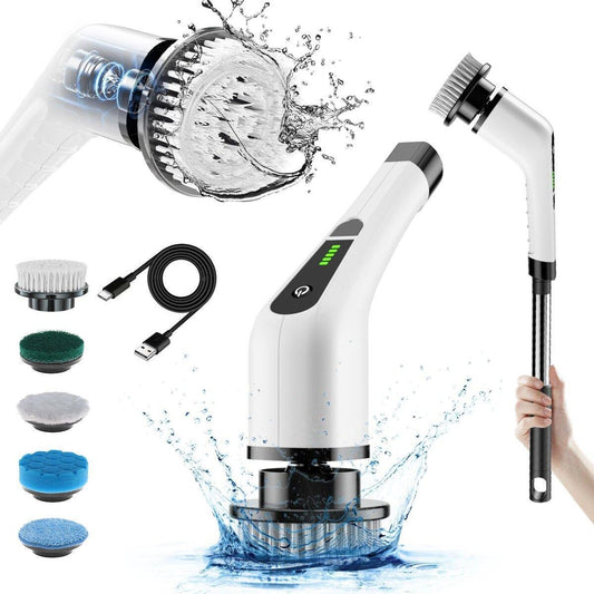 Rechargeable electric cleaning brush with multiple heads, perfect for cleaning bathrooms, kitchens, tiles, and grout.