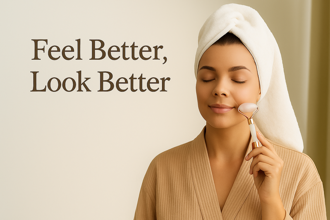 Young woman in a beige robe and towel wrap using a rose quartz face roller, with the phrase 'Feel Better, Look Better' in an elegant font on a soft neutral background.