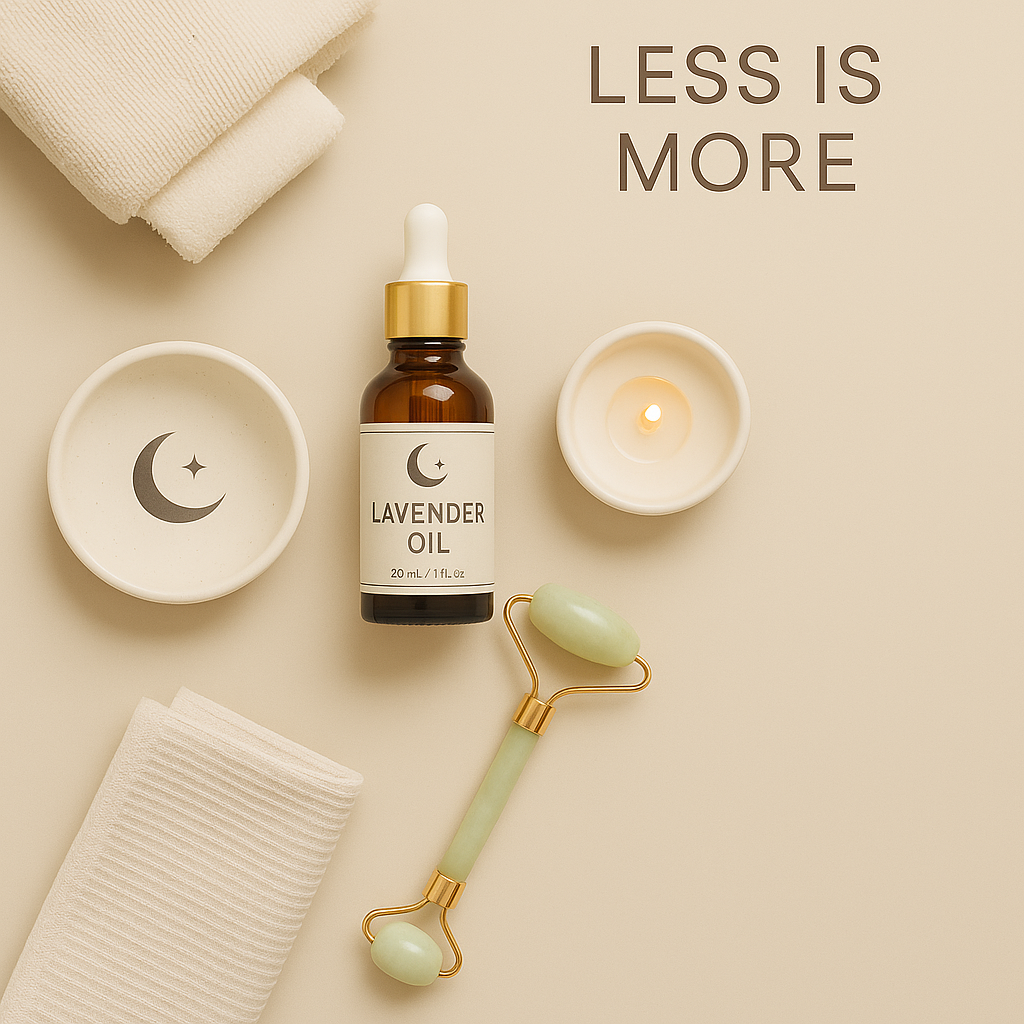 Minimalist wellness flat lay with lavender oil bottle, jade roller, candle, towel, and moon-themed dish on beige background.