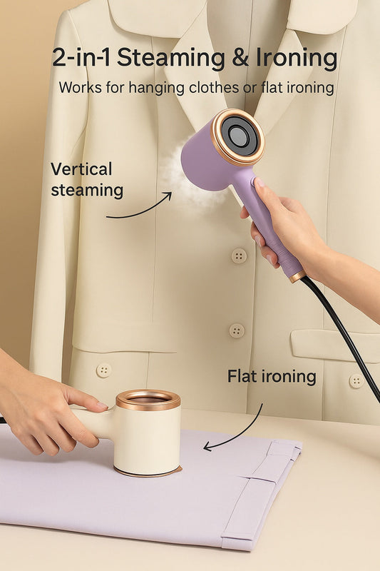 Mini portable handheld garment steamer in use for wrinkle-free clothes – 2-in-1 flat and hanging ironing
