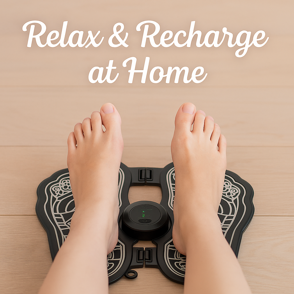 Rechargeable EMS foot massager blog cover with Relax & Recharge at Home text overlay