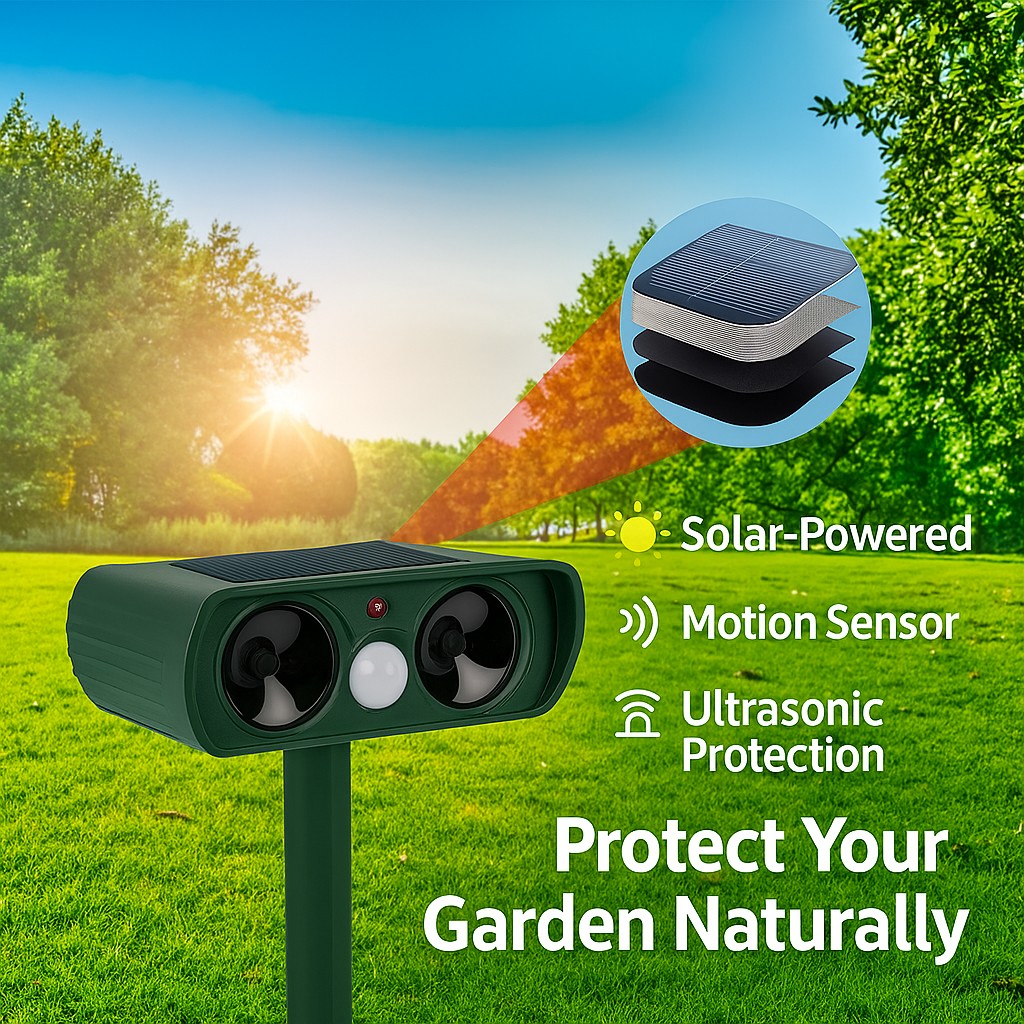 Solar-powered ultrasonic animal repeller with motion sensor placed in a garden, designed for eco-friendly outdoor pest control