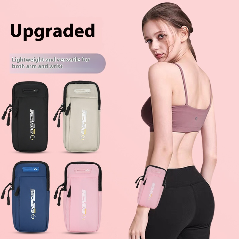 Woman wearing a pink sports wrist bag during workout, with color options shown for a multi-way armband and wrist pouch.