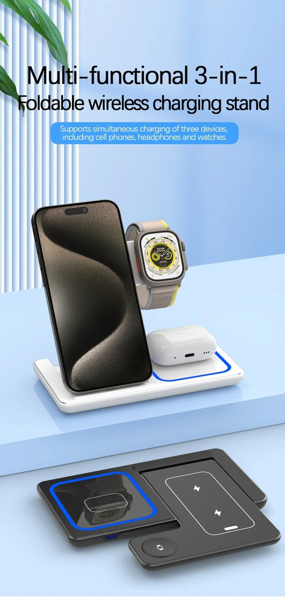 Multi-functional 3-in-1 foldable wireless charging stand for phone, watch, and AirPods