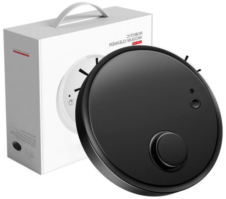 Black 3-in-1 mini robot vacuum cleaner with UV sterilization shown next to product packaging