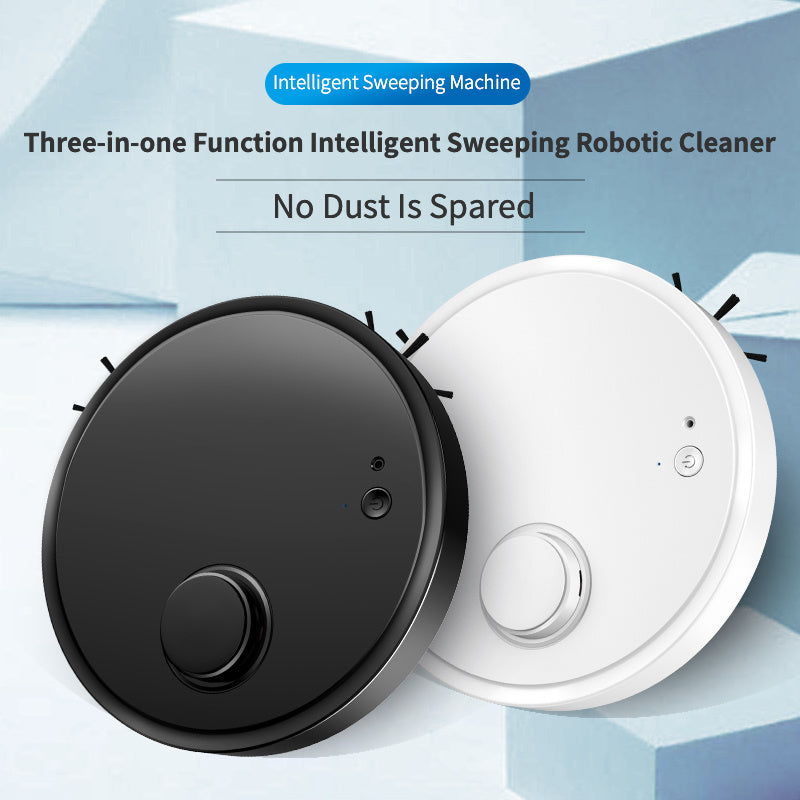 Black and white 3-in-1 mini robot vacuum cleaners with UV sterilization feature on a modern background