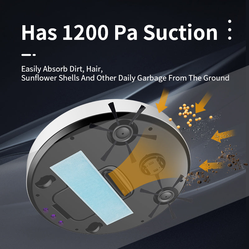 Bottom view of 3-in-1 mini robot vacuum cleaner showing 1200 Pa suction and cleaning performance with debris arrows