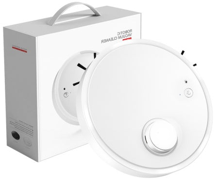White 3-in-1 mini robot vacuum cleaner with UV sterilization next to product packaging box