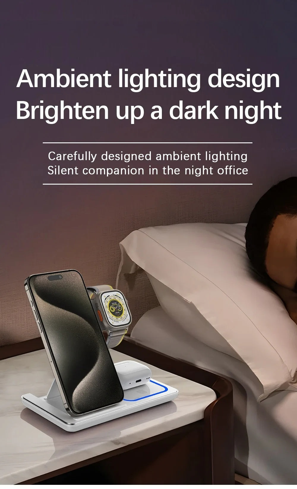 White 3-in-1 wireless charging station with ambient night light, charging phone, watch, and AirPods on a bedside table