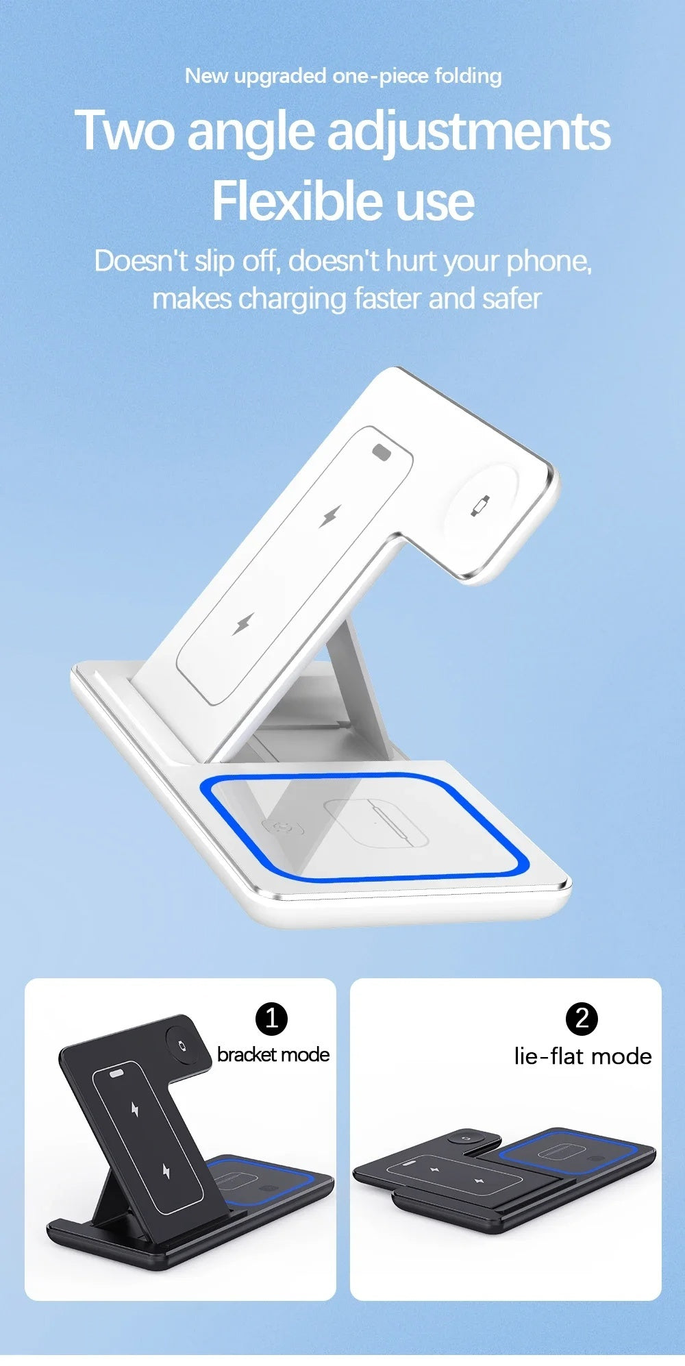 3-in-1 wireless charging station with adjustable angles, bracket mode and lie-flat mode