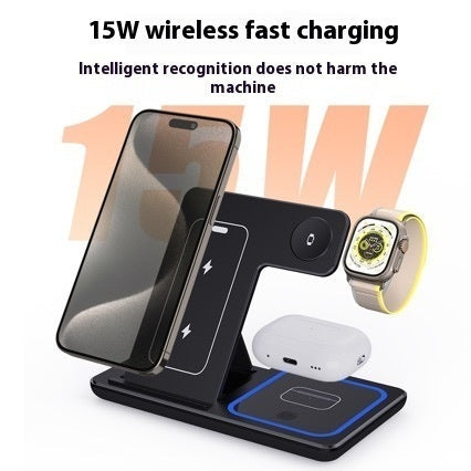 3-in-1 wireless charging station with 15W fast charging for phone, watch, and AirPods