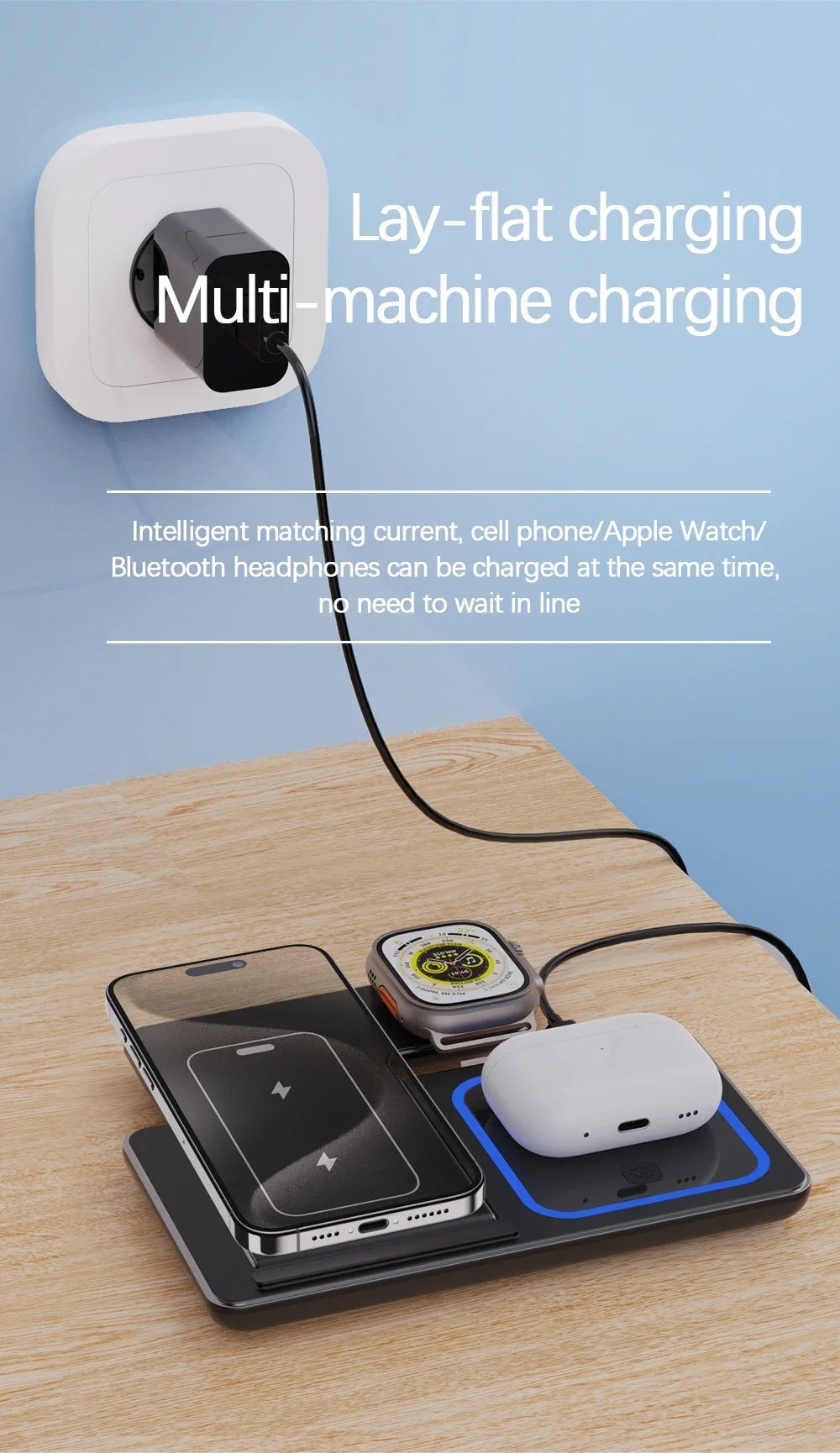 3-in-1 wireless charging station in lay-flat mode, charging phone, watch, and AirPods simultaneously