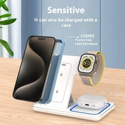 White 3-in-1 wireless charging station showing compatibility with phone cases under 5mm thickness