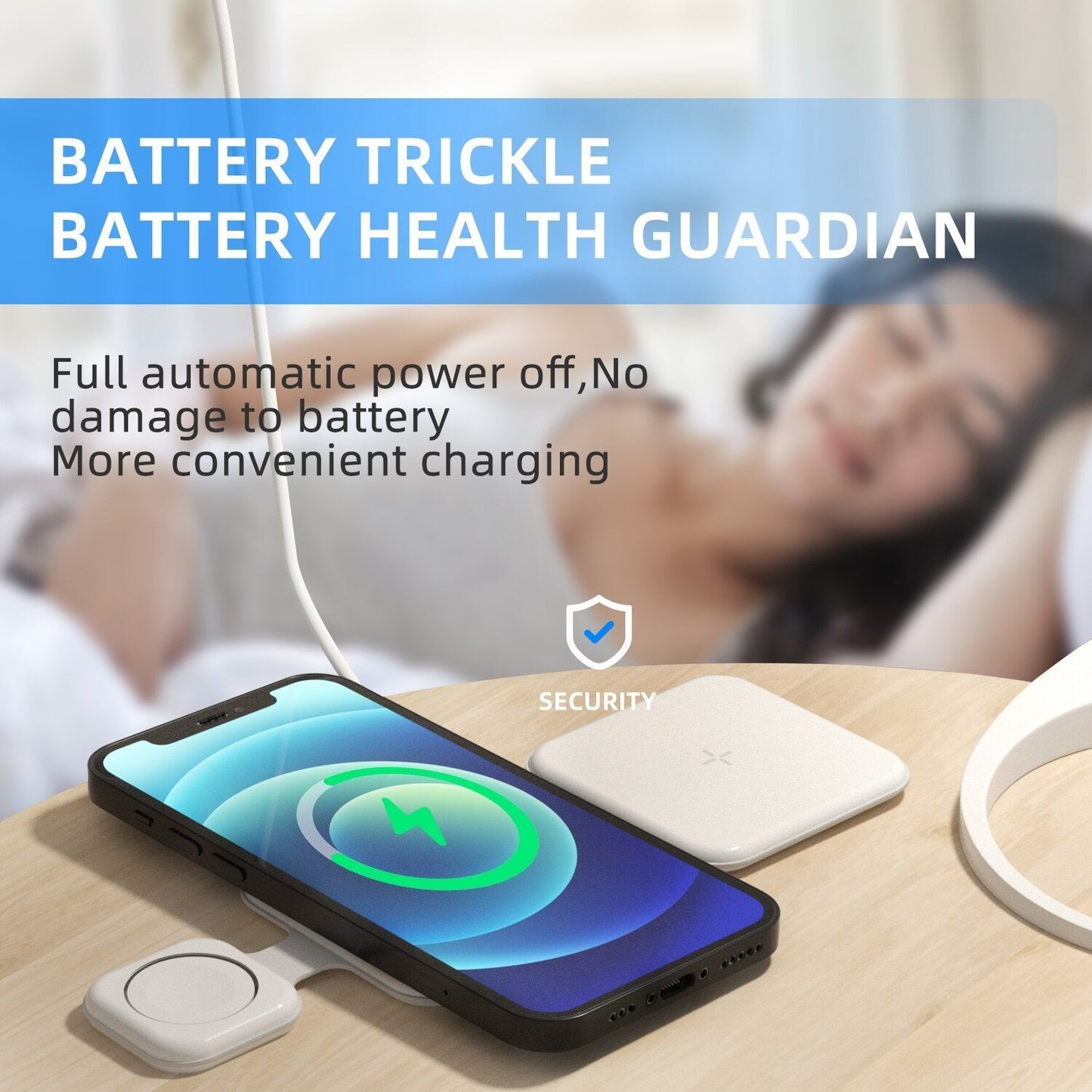 Smartphone charging on 3-in-1 wireless charger with battery health protection mode