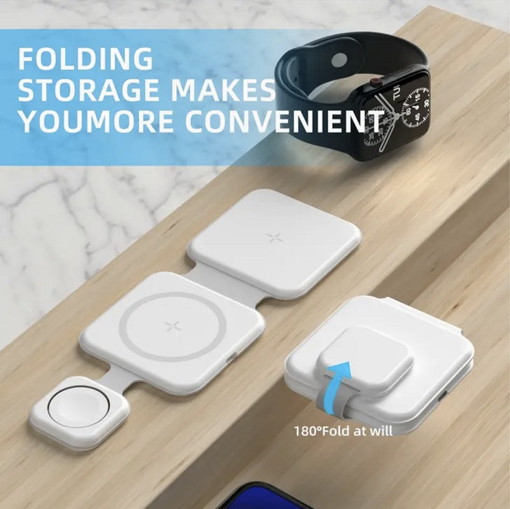 3-in-1 foldable wireless charger for phone, earbuds, and smartwatch shown on wooden surface