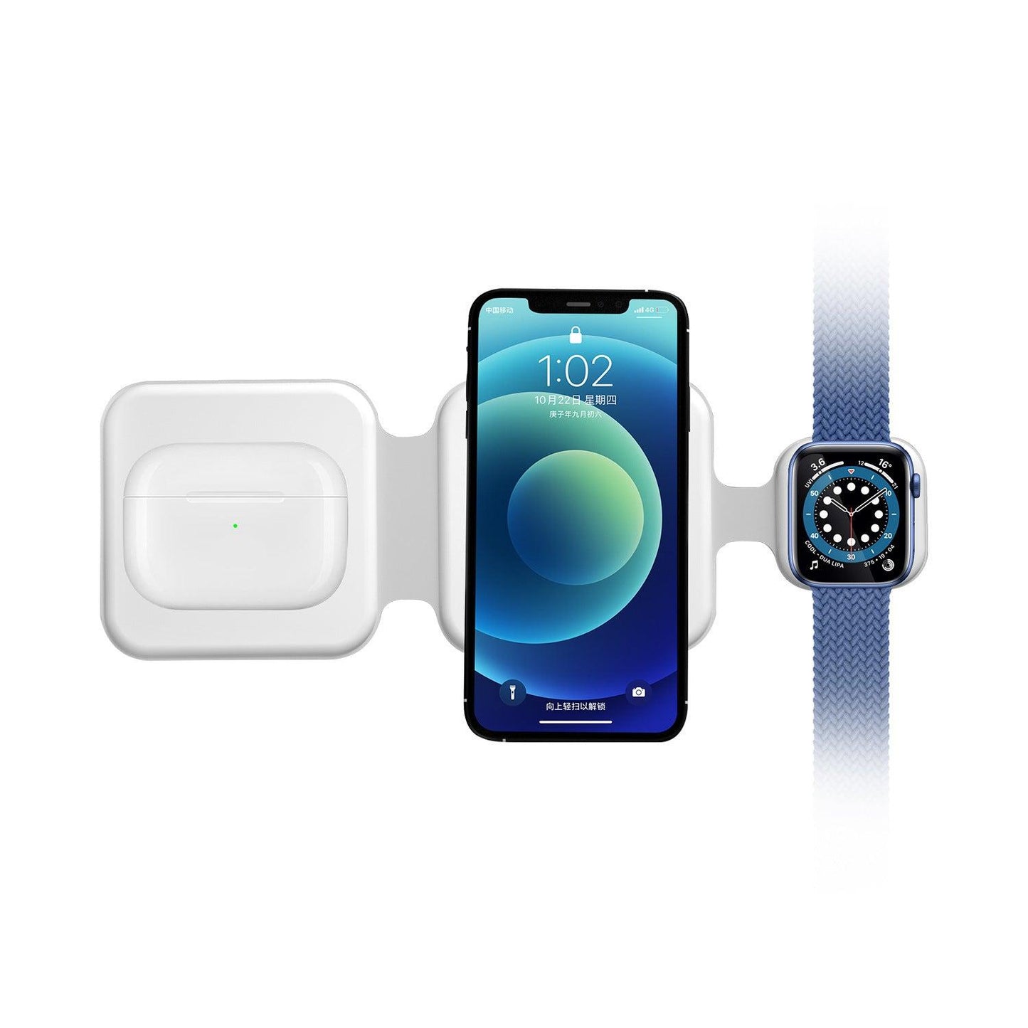 Top view of the 3-in-1 wireless charger FD-308 with phone, earbuds, and smartwatch charging simultaneously