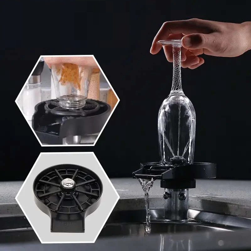 Faucet-mounted wine glass washer for kitchen sink, black plastic; cleans upside-down glass under running water.
