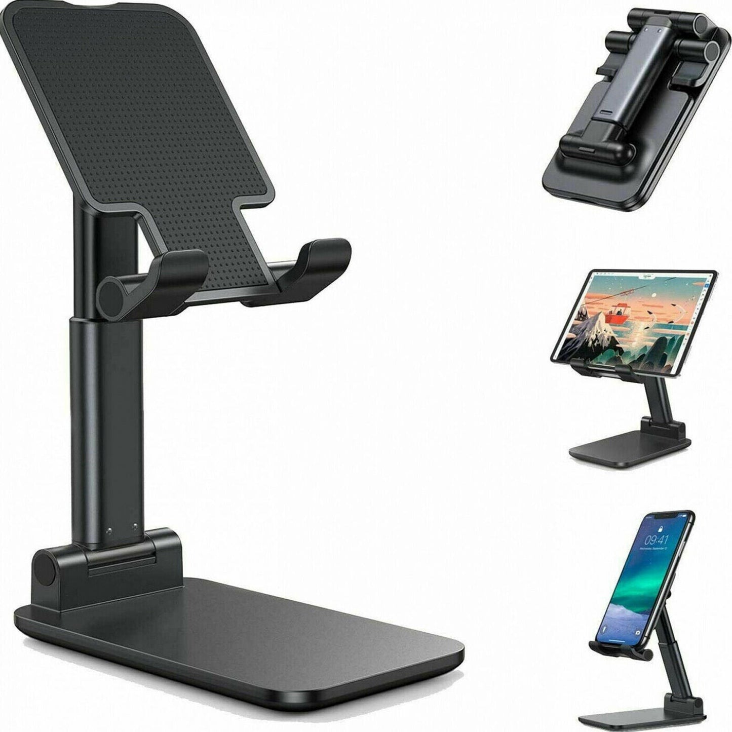 Black adjustable foldable phone and tablet stand shown in multiple viewing positions