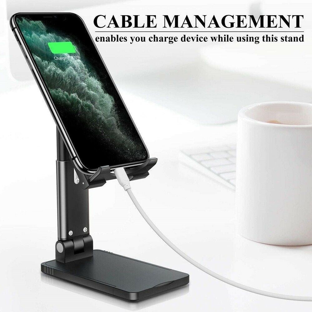 Black adjustable phone and tablet stand with cable management for charging while in use