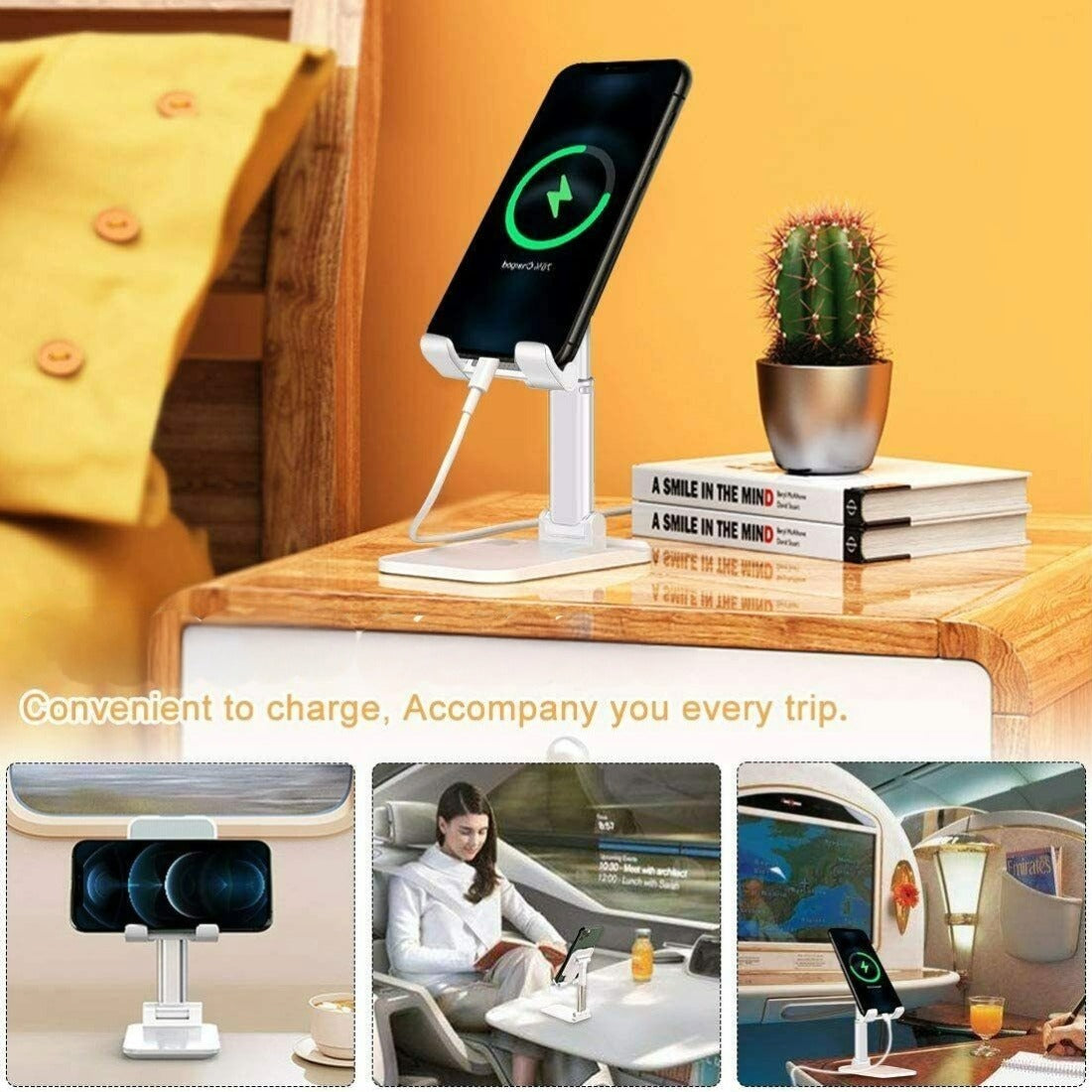 Adjustable phone and tablet stand supporting charging feature on desk and travel scenes