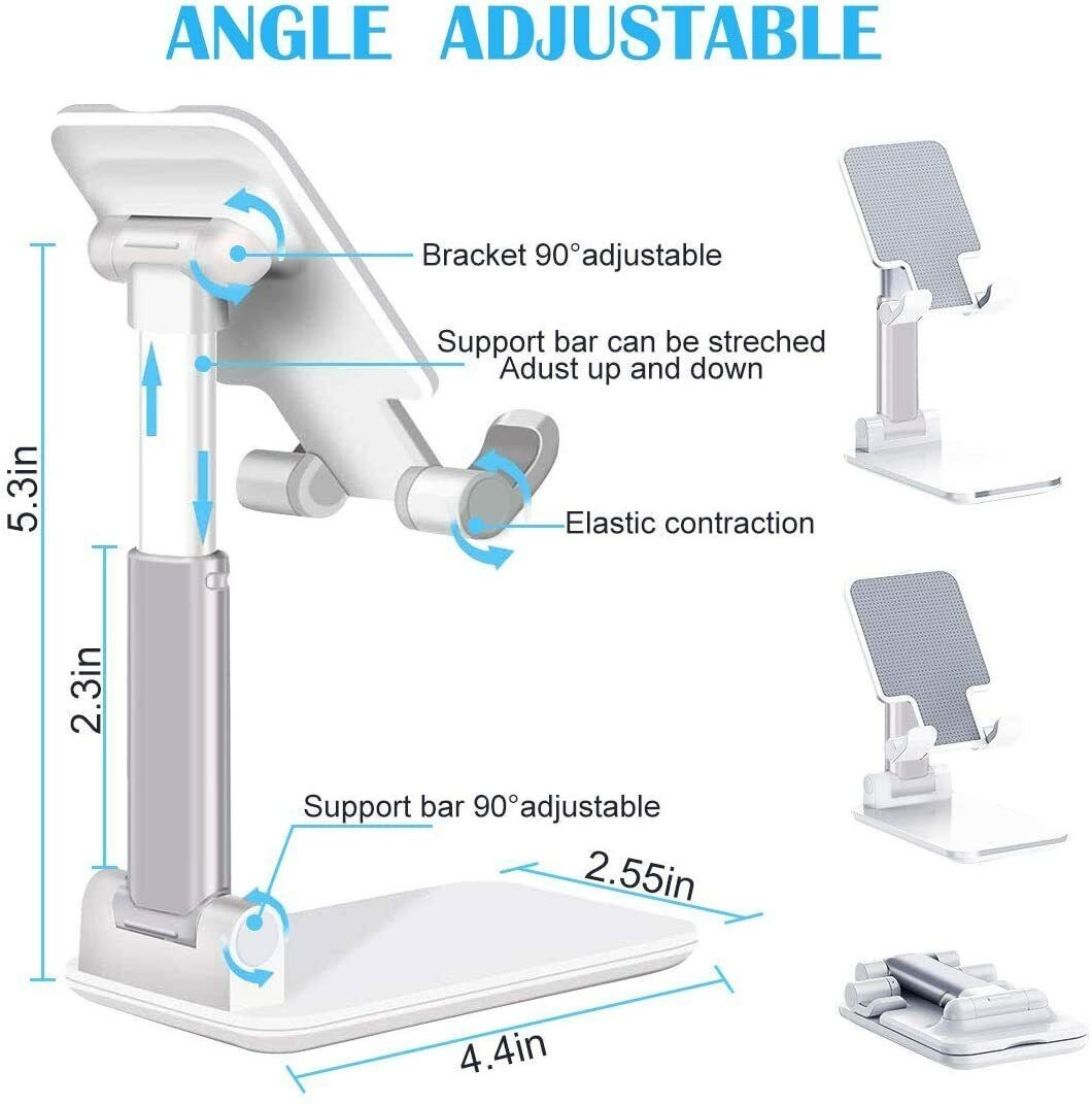 Diagram showing adjustable angles and dimensions of foldable phone and tablet stand