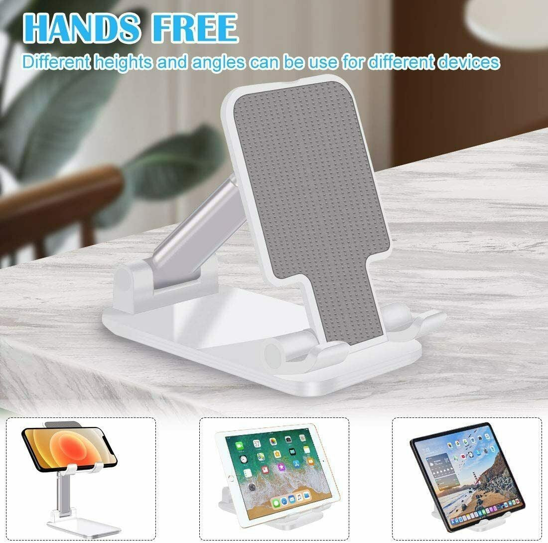 White foldable phone and tablet stand showing hands-free multi-angle use for different devices
