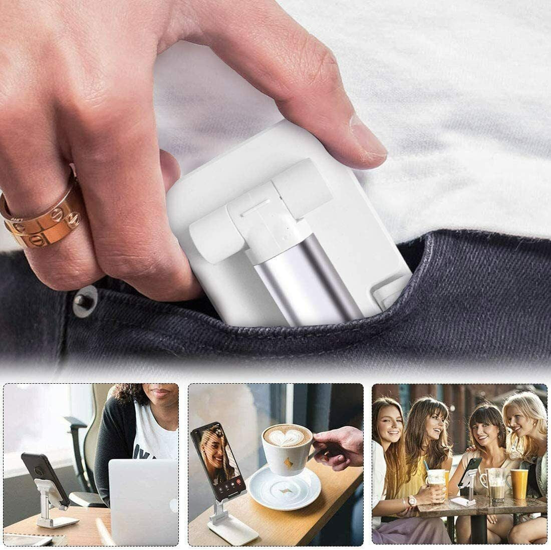 Compact foldable phone and tablet stand fitting in pocket and used in daily scenes