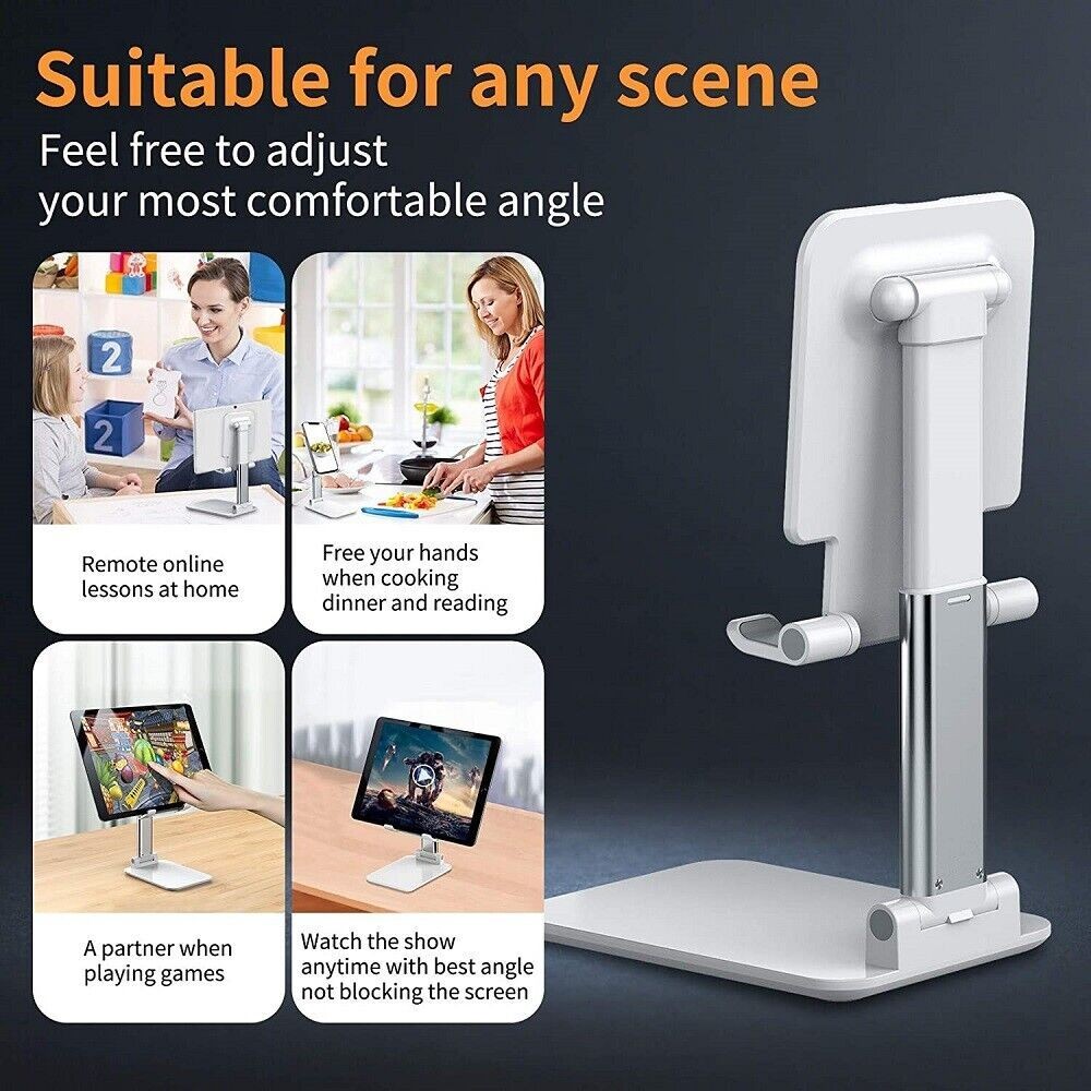 Adjustable foldable phone stand showing multiple everyday usage scenes at home