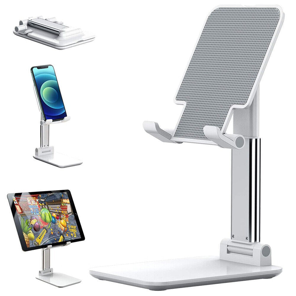 White adjustable foldable phone and tablet stand shown in multiple viewing positions