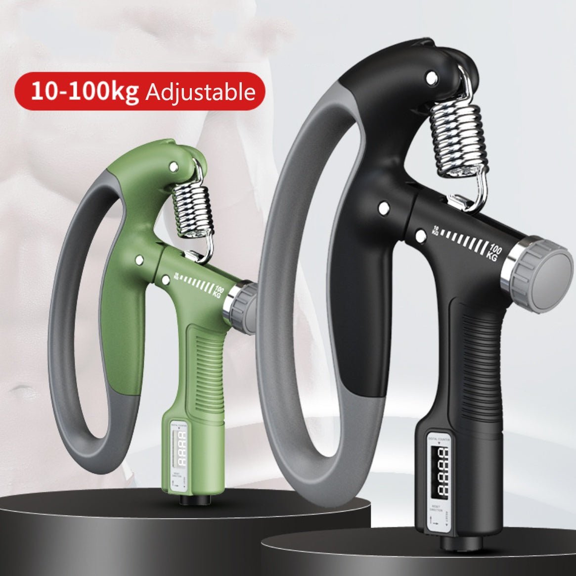 Adjustable hand grip strengtheners with digital counters, 10–100kg range label, in green and black colors on display stands.