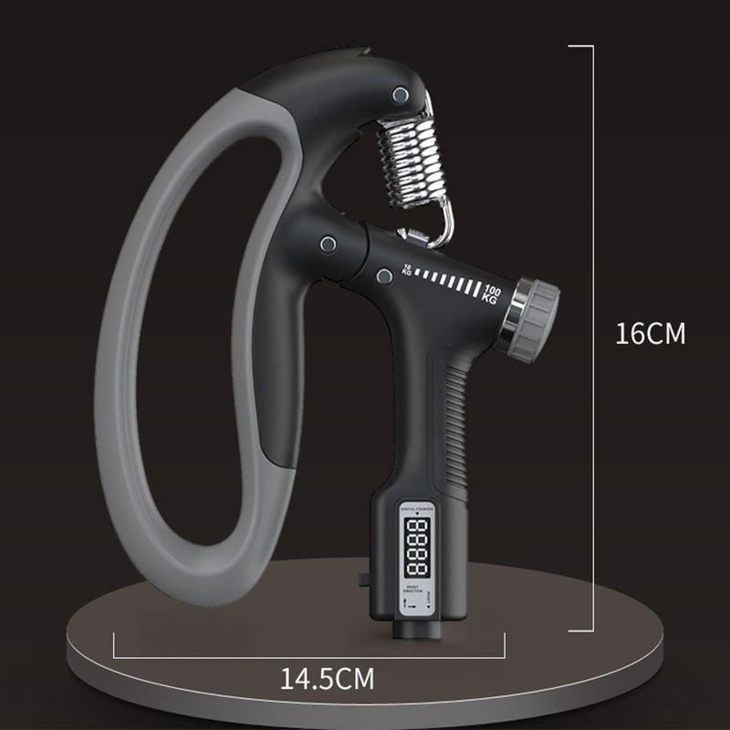 Side view of black adjustable hand grip strengthener with digital counter, showing product dimensions: 16cm height and 14.5cm width.