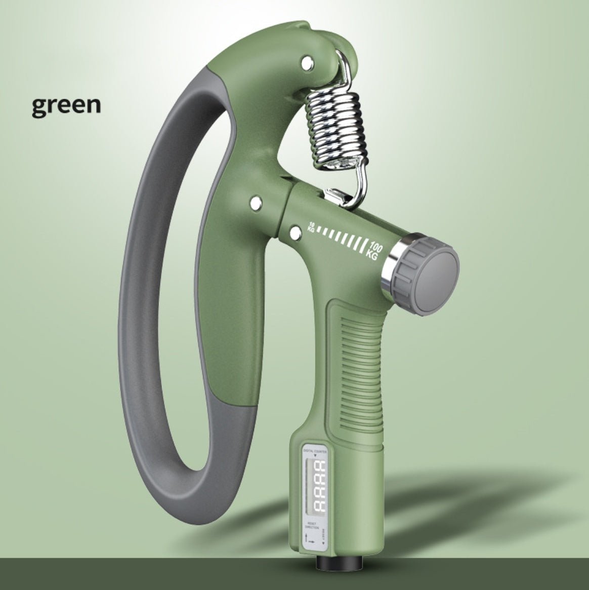 Green variant of the adjustable hand grip strengthener with digital counter and resistance dial, on green background.