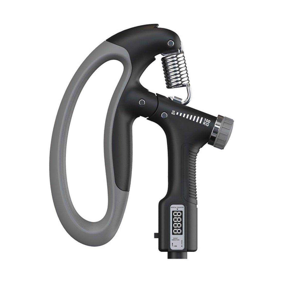 Isolated view of black adjustable hand grip strengthener with digital counter and tension adjustment dial, on white background.
