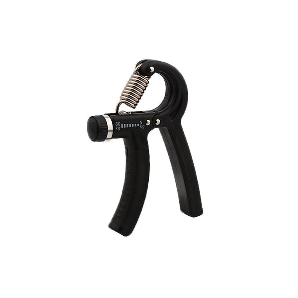Black adjustable hand gripper with visible resistance scale ranging from 5kg to 60kg on a white background.