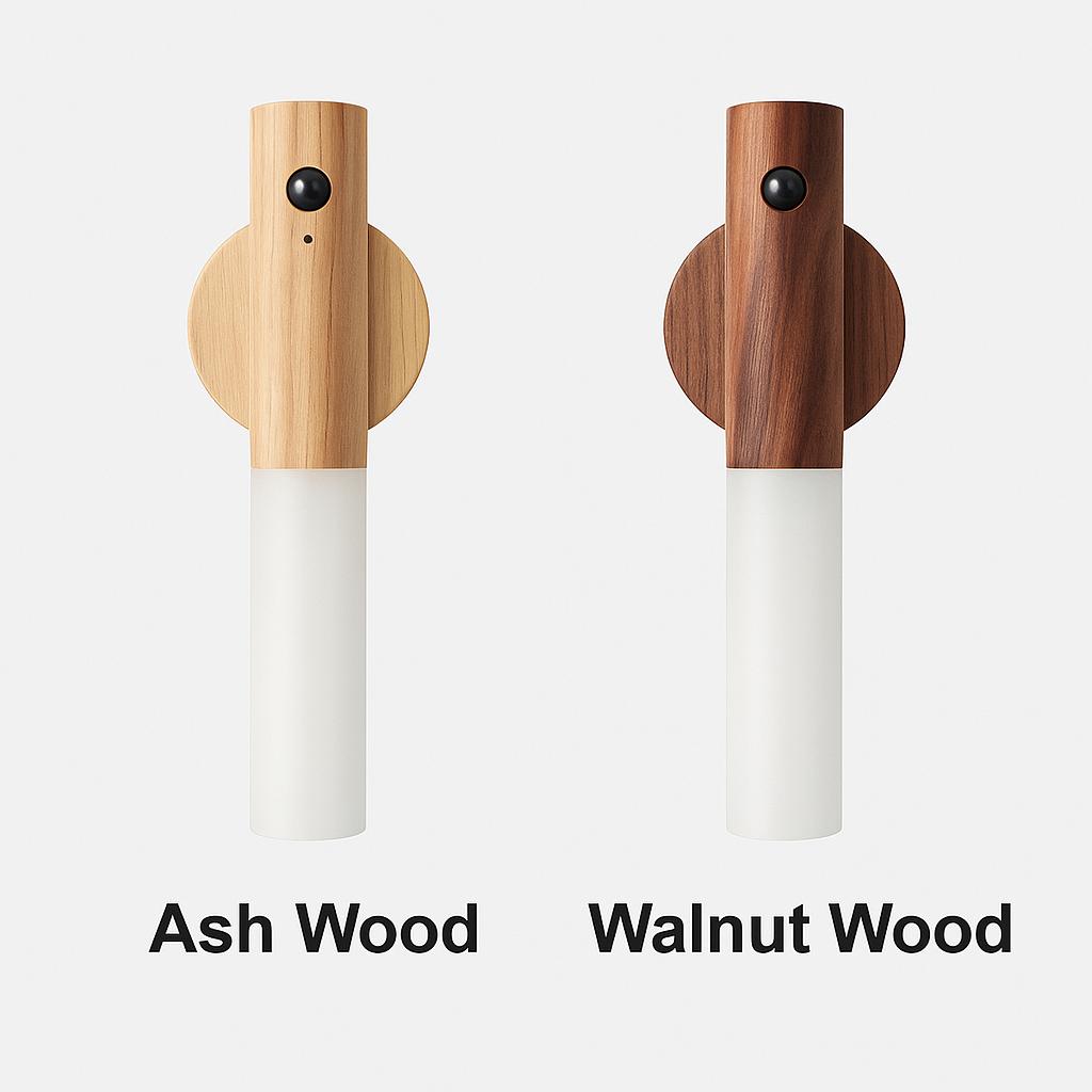 Side-by-side comparison of Motion Sensor LED Night Lights in Ash Wood and Walnut Wood finishes