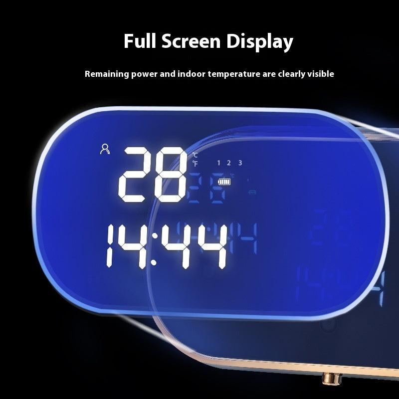 Close-up of LED full screen display showing temperature and time on automatic foam soap dispenser.