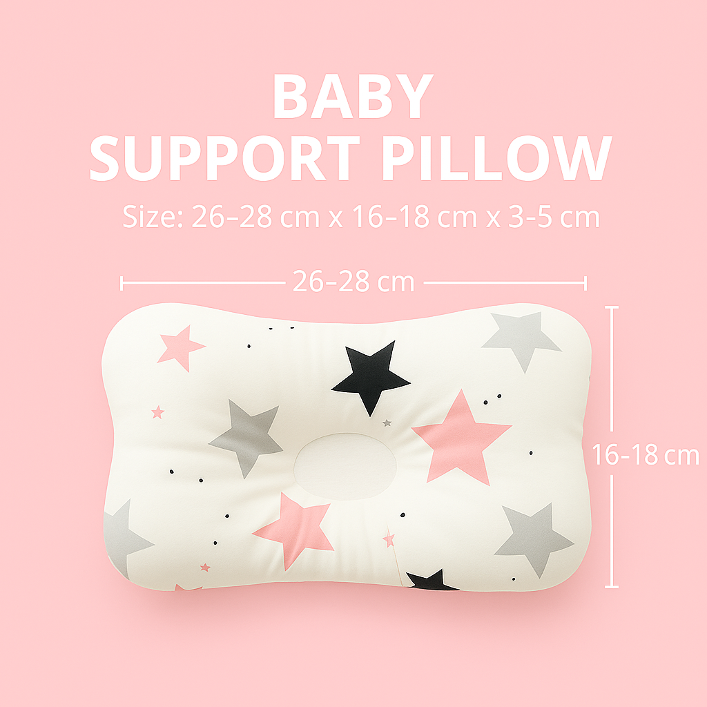 Baby support pillow with star pattern on pink background, labeled with dimensions: 26–28 cm length, 16–18 cm width, and 3–5 cm height