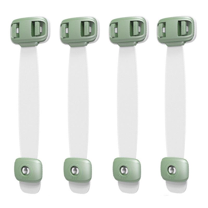 Set of four green and white child safety straps designed to secure cabinets and drawers.