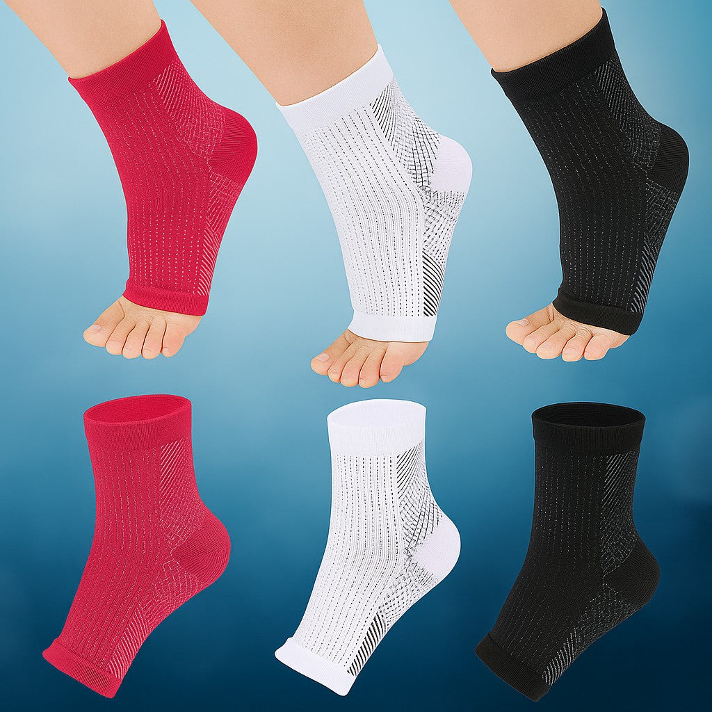 Set of six compression ankle sleeves in red, white, and black, displayed flat and worn on feet against a blue gradient background