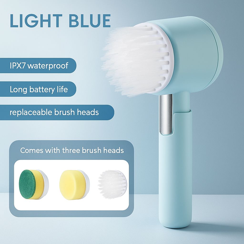 Light blue cordless electric floor scrubbing brush with three replaceable brush heads, IPX7 waterproof and long battery life.