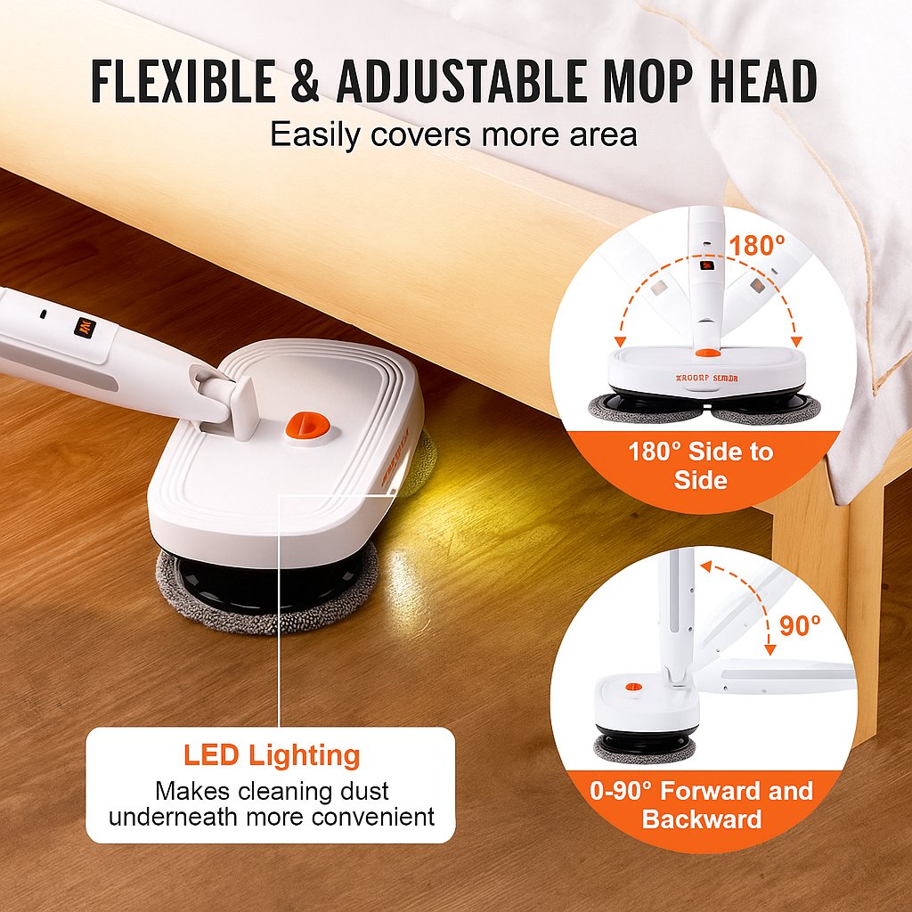 Flexible and adjustable spin mop head reaching under furniture with 90 and 180 degree rotation angles